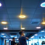 A photograph of a modern commercial space featuring ceiling tiles integrated with led lights