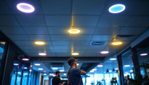 A photograph of a modern commercial space featuring ceiling tiles integrated with led lights