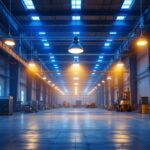 A photograph of a spacious industrial setting featuring various low bay lighting fixtures in use