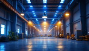 A photograph of a spacious industrial setting featuring various low bay lighting fixtures in use