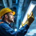 A photograph of a lighting contractor confidently replacing a fluorescent tube with an led tube in a commercial setting