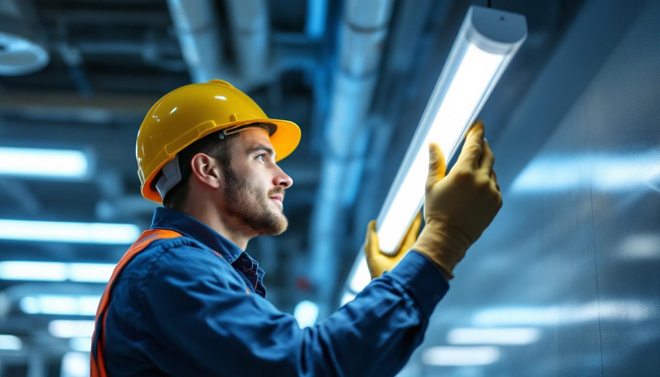 A photograph of a lighting contractor confidently replacing a fluorescent tube with an led tube in a commercial setting
