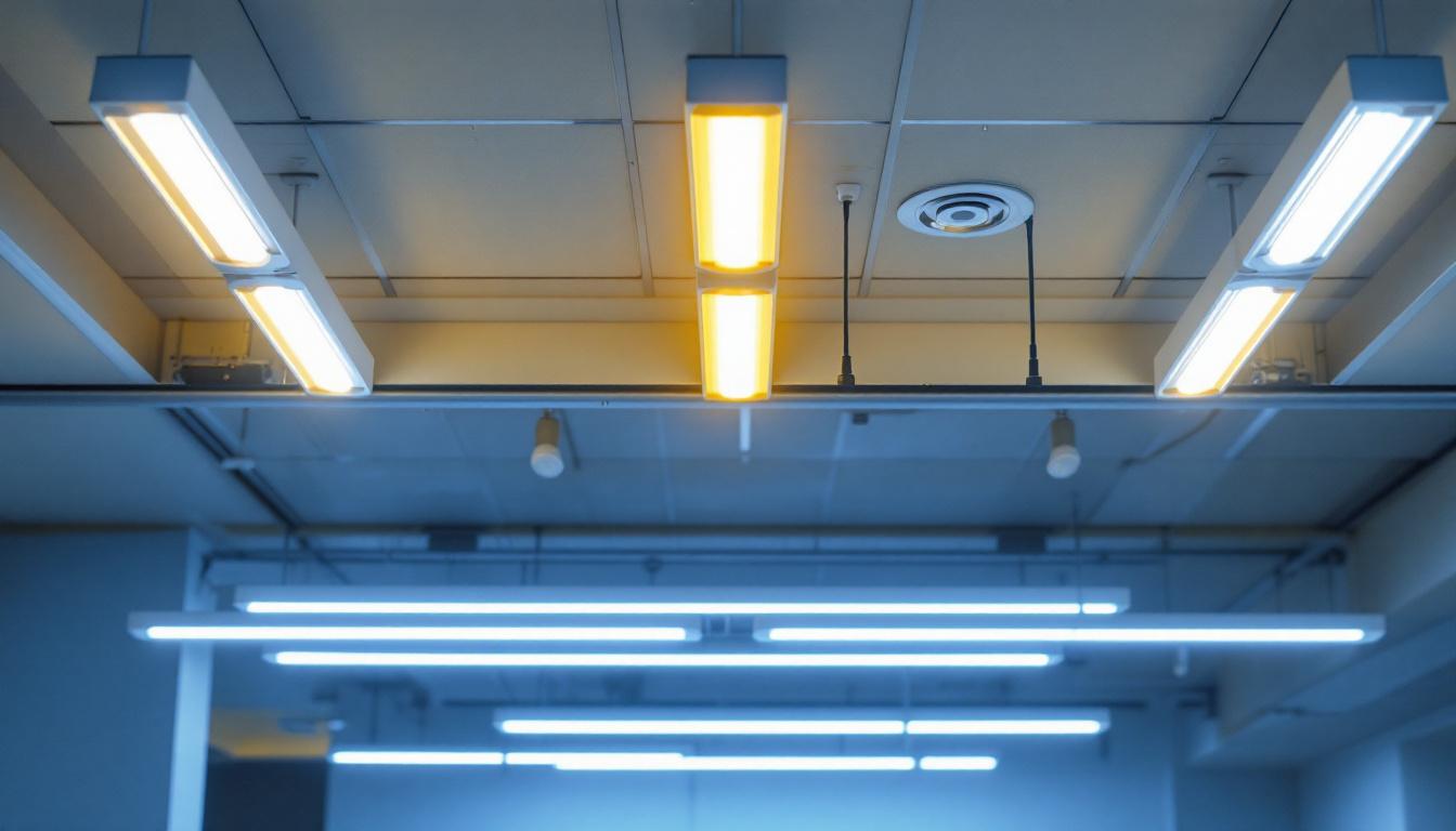 A photograph of a well-lit installation featuring tombstone fluorescent light fixtures
