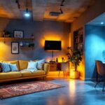 A photograph of a well-lit basement space featuring modern led lighting fixtures