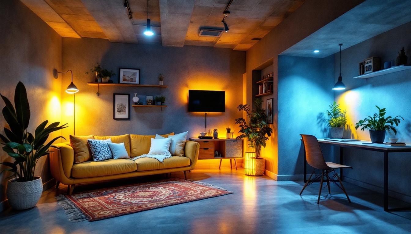A photograph of a well-lit basement space featuring modern led lighting fixtures