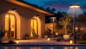 A photograph of a well-lit outdoor space featuring large solar outdoor lights in various settings