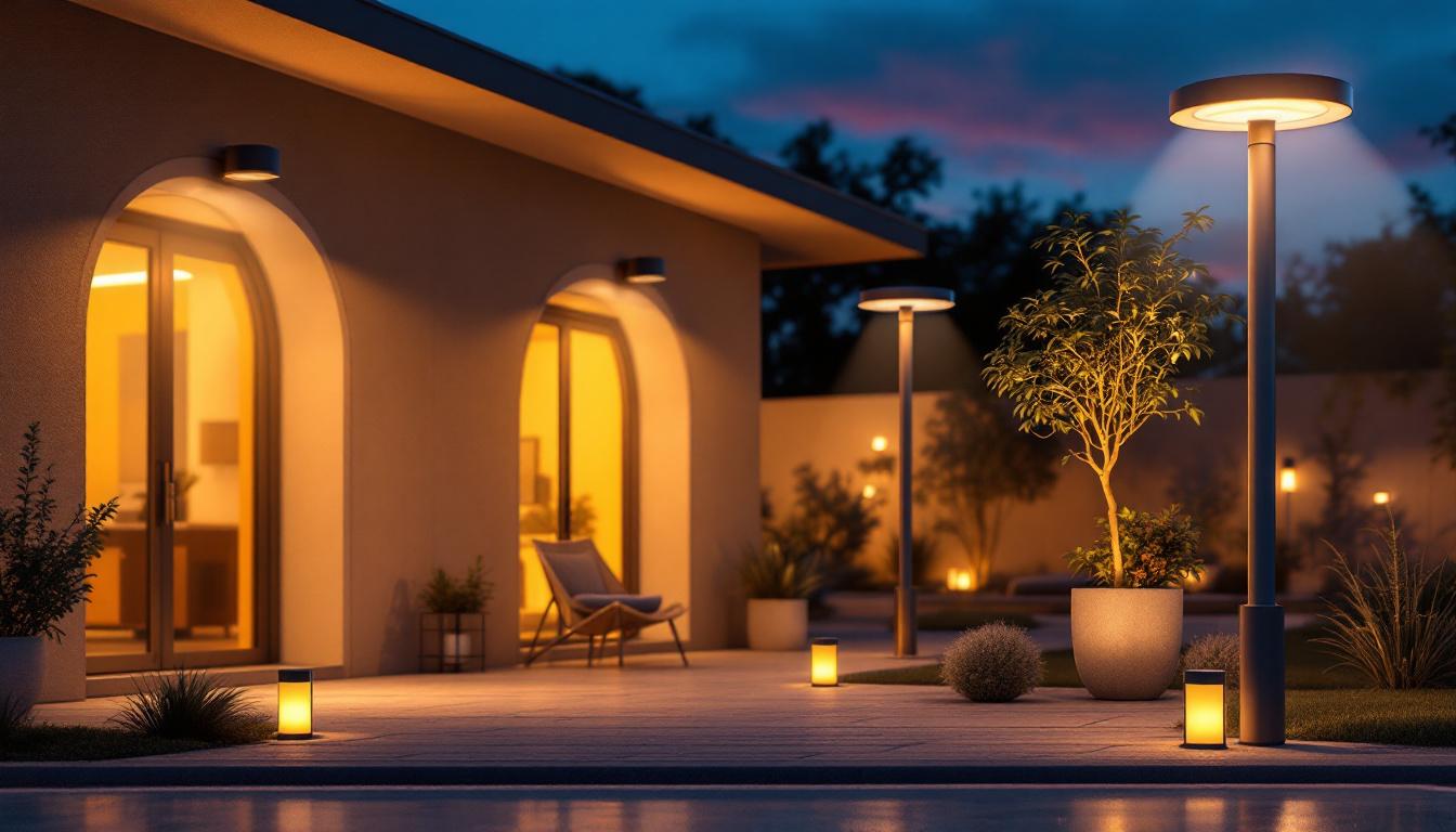 A photograph of a well-lit outdoor space featuring large solar outdoor lights in various settings