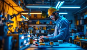 A photograph of a well-organized workspace of a lighting contractor
