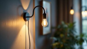 A photograph of a stylish gooseneck wall light installed in a cozy