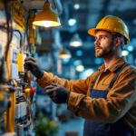 A photograph of a lighting contractor inspecting various electrical outlets and lighting fixtures in a well-lit store