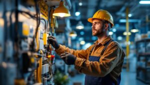 A photograph of a lighting contractor inspecting various electrical outlets and lighting fixtures in a well-lit store