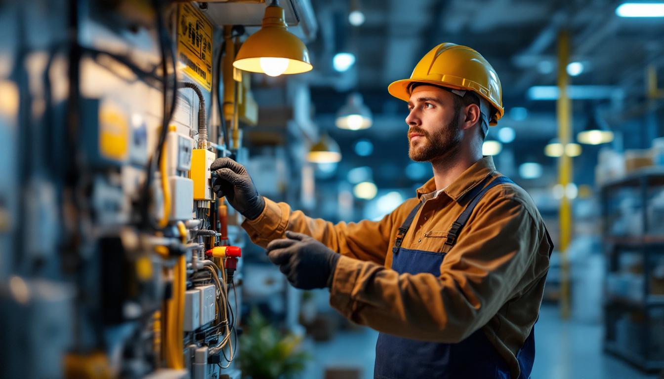 A photograph of a lighting contractor inspecting various electrical outlets and lighting fixtures in a well-lit store