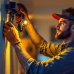 A photograph of a lighting contractor efficiently installing energy-saving light fixtures in a modern home