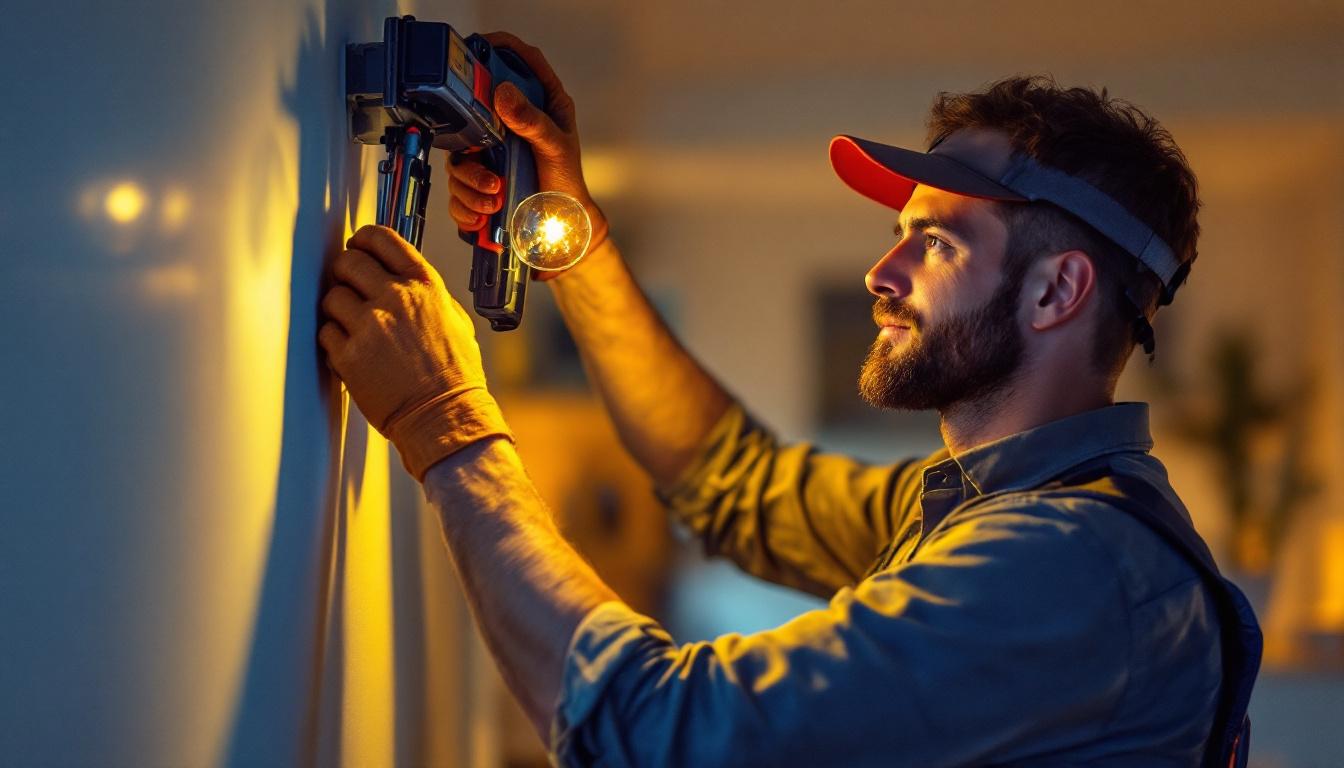 A photograph of a lighting contractor efficiently installing energy-saving light fixtures in a modern home