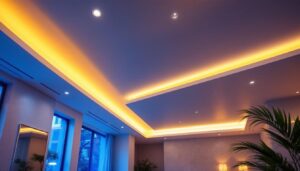 A photograph of a well-designed dropped ceiling featuring integrated lighting