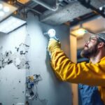 A photograph of a lighting contractor expertly installing led fixtures in a commercial space