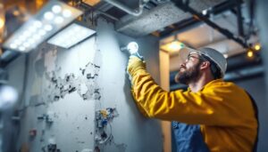 A photograph of a lighting contractor expertly installing led fixtures in a commercial space