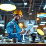 A photograph of a lighting contractor inspecting a variety of led light fixtures in a well-lit workspace