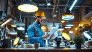 A photograph of a lighting contractor inspecting a variety of led light fixtures in a well-lit workspace