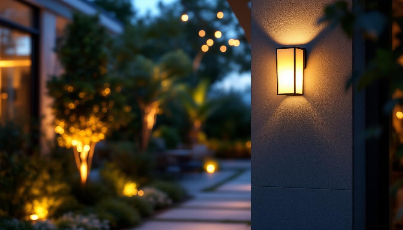A photograph of a beautifully designed wall mount outdoor lighting fixture installed in an inviting outdoor setting