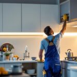 A photograph of a skilled lighting contractor installing a stylish cabinet lighting kit in a modern kitchen