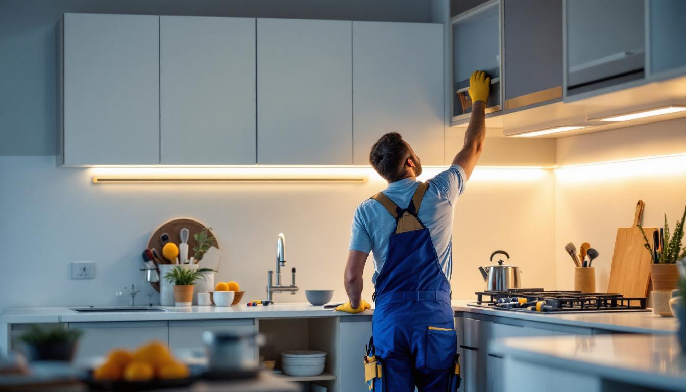 A photograph of a skilled lighting contractor installing a stylish cabinet lighting kit in a modern kitchen