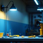 A photograph of a well-lit workshop or garage setting featuring a wall-mounted led shop light in action