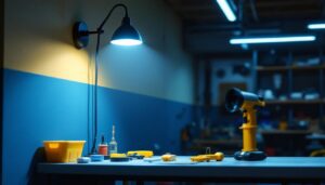 A photograph of a well-lit workshop or garage setting featuring a wall-mounted led shop light in action
