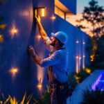 A photograph of a skilled lighting contractor installing a sleek solar light wall in a modern outdoor setting