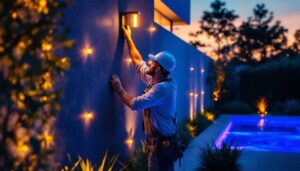 A photograph of a skilled lighting contractor installing a sleek solar light wall in a modern outdoor setting