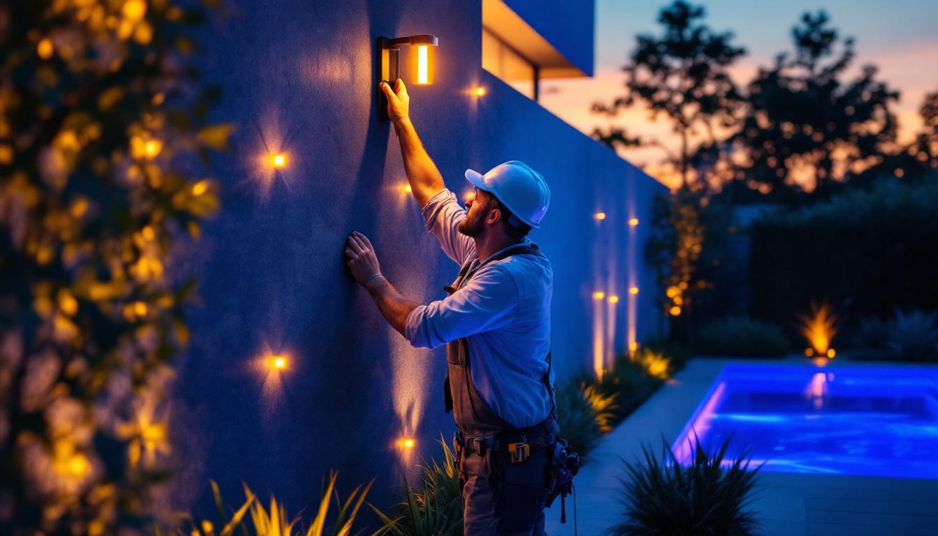 A photograph of a skilled lighting contractor installing a sleek solar light wall in a modern outdoor setting