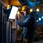 A photograph of a lighting contractor setting up a portable outdoor light in a dimly lit outdoor space