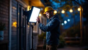 A photograph of a lighting contractor setting up a portable outdoor light in a dimly lit outdoor space
