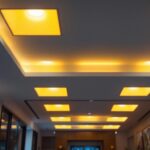A photograph of a beautifully designed room featuring multiple 12x12 square recessed lighting fixtures