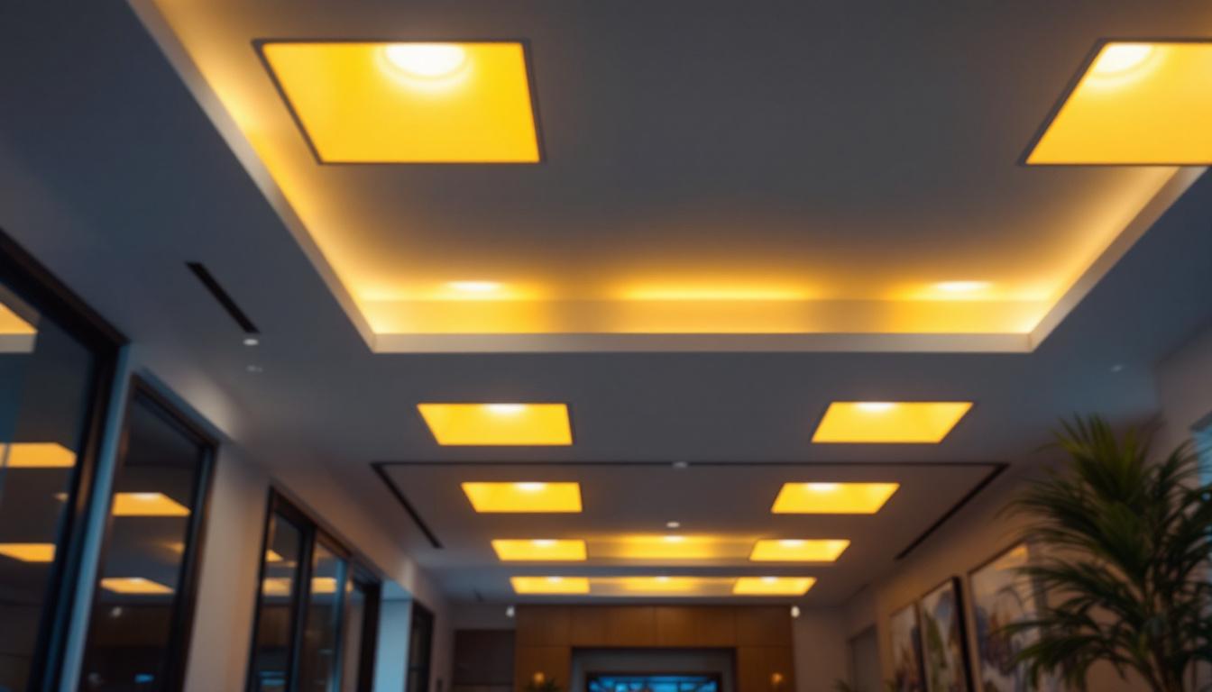 A photograph of a beautifully designed room featuring multiple 12x12 square recessed lighting fixtures