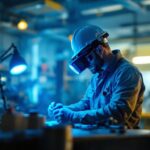 A photograph of a lighting contractor efficiently using a uv light in a workspace