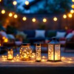 A photograph of a beautifully arranged outdoor setting featuring various styles of lantern solar lights illuminating a cozy garden or patio area at dusk