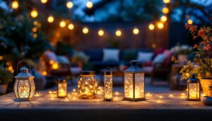 A photograph of a beautifully arranged outdoor setting featuring various styles of lantern solar lights illuminating a cozy garden or patio area at dusk