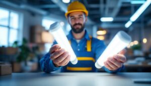 A photograph of a lighting contractor comparing t8 and t12 fluorescent tubes