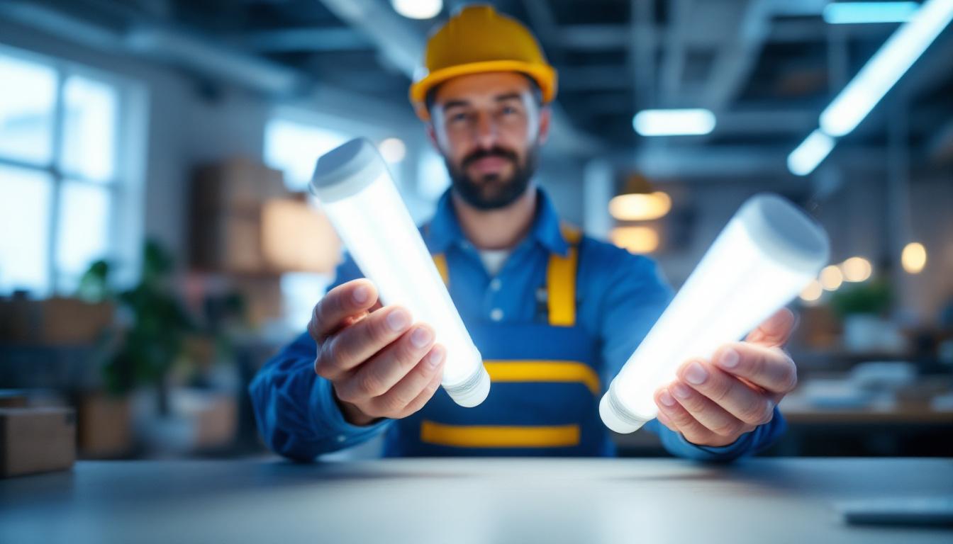 A photograph of a lighting contractor comparing t8 and t12 fluorescent tubes
