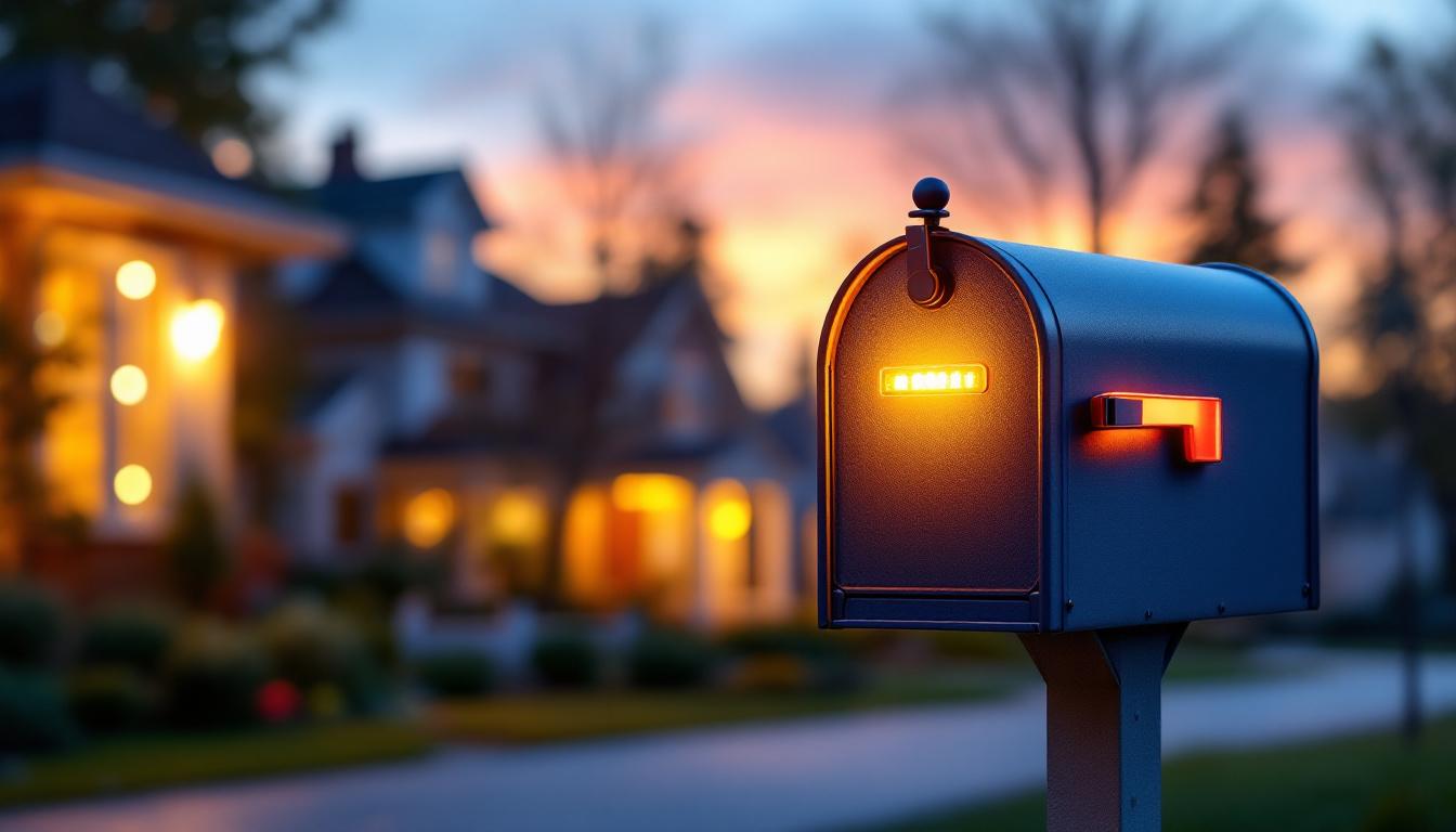 A photograph of a beautifully illuminated led mailbox at dusk