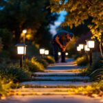 A photograph of a beautifully illuminated pathway featuring square solar path lights at dusk