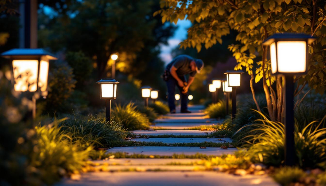 A photograph of a beautifully illuminated pathway featuring square solar path lights at dusk