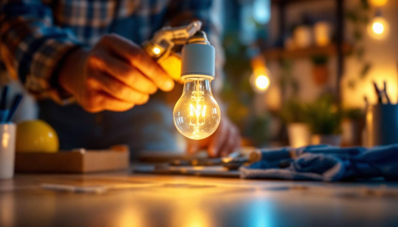 A photograph of a well-lit workspace featuring a halogen t type bulb in use