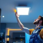 A photograph of a lighting contractor installing a 12-inch square recessed light fixture in a modern living space