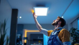 A photograph of a lighting contractor installing a 12-inch square recessed light fixture in a modern living space