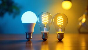 A photograph of a side-by-side comparison of a fluorescent bulb and an led bulb