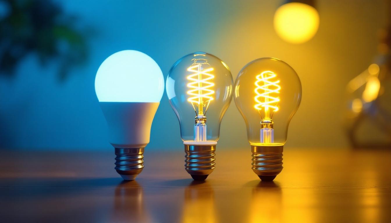 A photograph of a side-by-side comparison of a fluorescent bulb and an led bulb