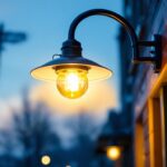 A photograph of a gooseneck sign light elegantly illuminating a storefront or outdoor sign at dusk