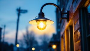 A photograph of a gooseneck sign light elegantly illuminating a storefront or outdoor sign at dusk
